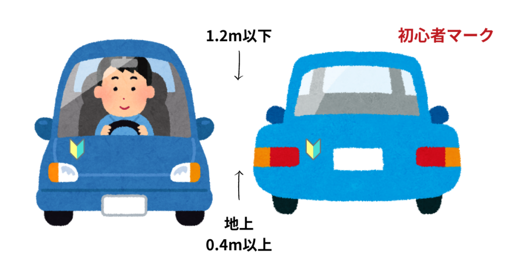 初心者マークは、車両の前後の見えやすい位置に貼りましょう。